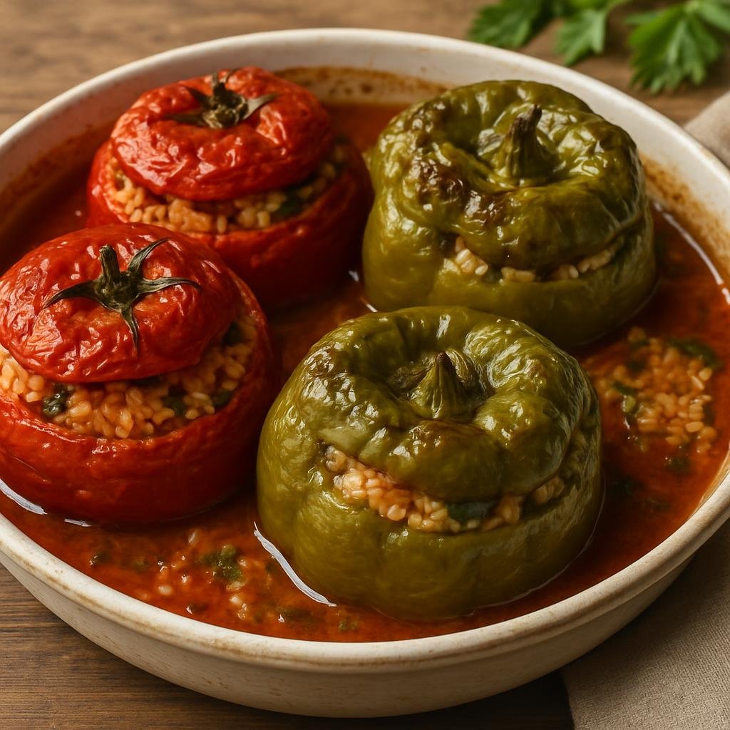 Entree: Greece – Peloponnese – Γεμιστά ➤ Yemista (Baked tomatoes and peppers stuffed with seasoned rice and fresh herbs) recipe