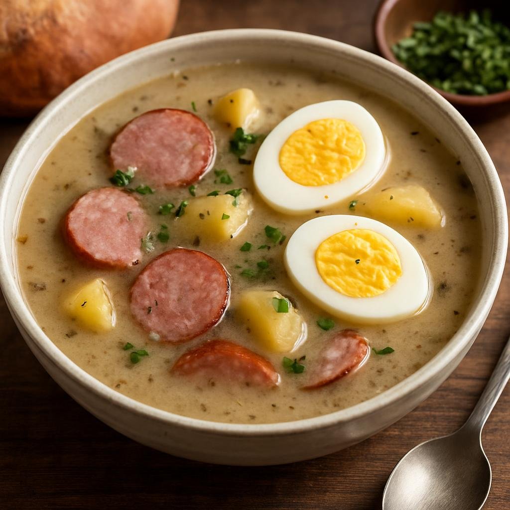 Entree: Poland – Silesia – Żur Śląski (Silesian sour rye soup with smoked sausage, potatoes, and hard-boiled eggs) recipe