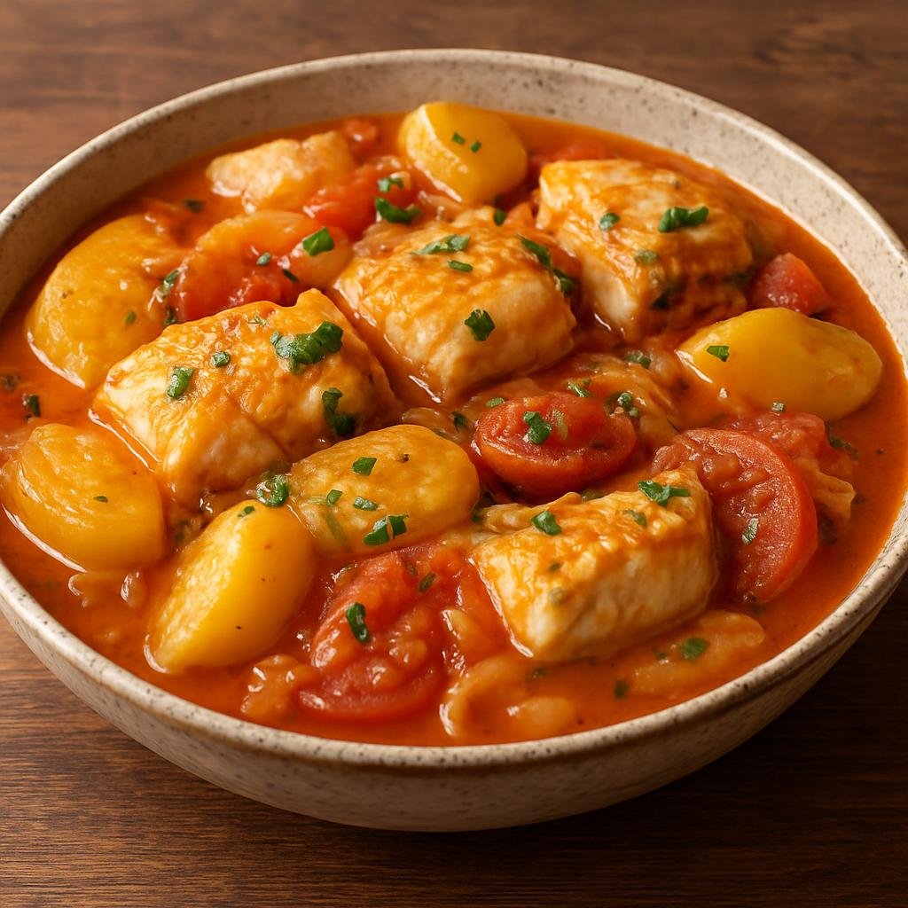 Entree: Portugal – Portuguese Seafood Coast – Caldeirada de Peixe (Portuguese coastal fish stew of layered fish, potatoes, onions, and tomatoes) recipe