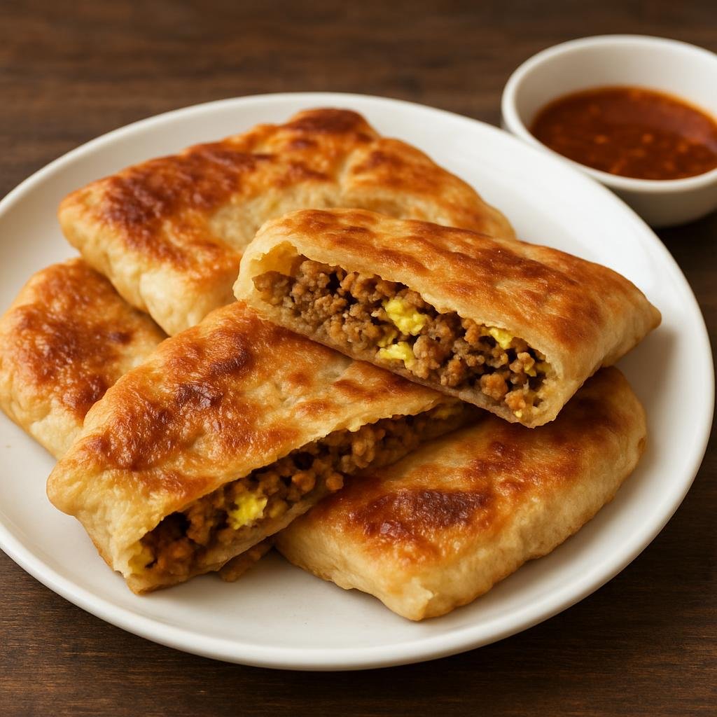 Entree: Thailand – Thai Muslim Cuisine – โรตีมะตะบะ ➤ Roti Mataba (Thai Muslim stuffed flatbread filled with spiced minced meat and egg, pan-fried until crisp) recipe