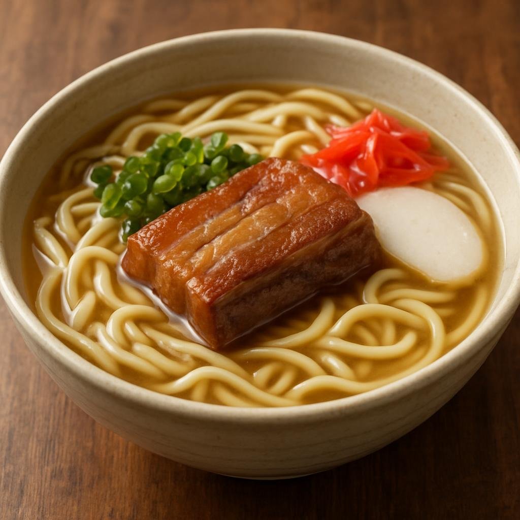 Entree: Japan – Okinawa – 沖縄そば ➤ Okinawa soba (Thick wheat noodle soup from Okinawa served in a clear pork-and-katsuobushi broth with braised pork) recipe