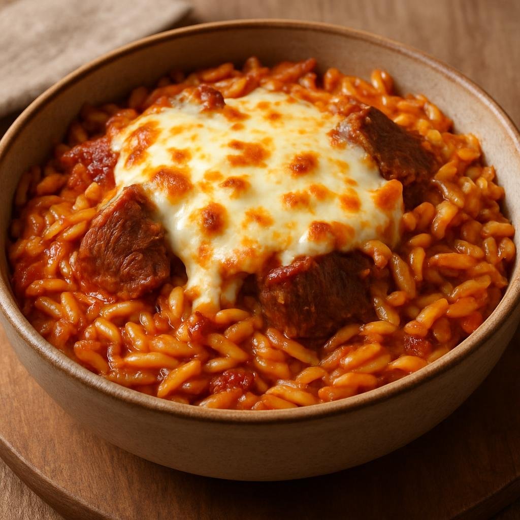 Entree: Greece – Peloponnese – Γιουβέτσι ➤ Giouvetsi (Oven-baked orzo with meat in a tomato-based sauce, finished with melted cheese) recipe