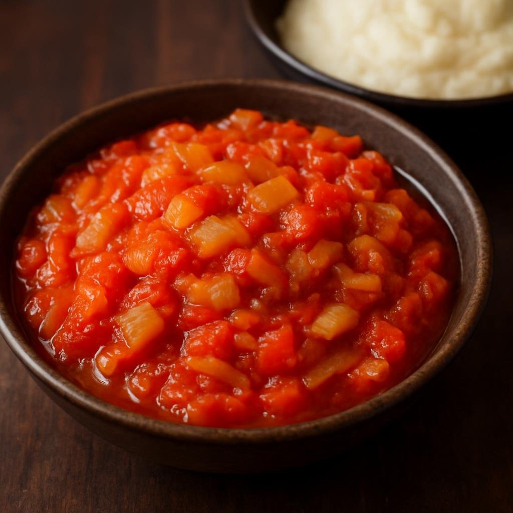Entree: South Africa – Zulu Cuisine – Ushatini (Tomato and Onion Relish) (Zulu-style cooked tomato and onion relish commonly served with pap or grilled meats) recipe
