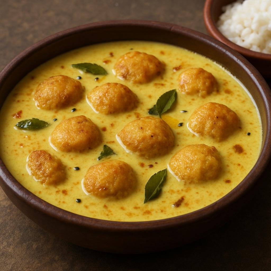 Entree: India – Chhattisgarh – डुबकी कढ़ी ➤ Dubki Kadhi (Yogurt and chickpea-flour curry simmered with fried gram-flour dumplings) recipe