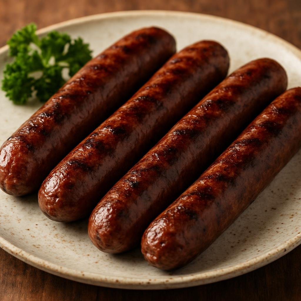 Entree: Australia – Tasmania – Venison Sausages (Fresh sausages made from ground venison blended with pork fat and seasonings, traditionally grilled or pan-roasted) recipe