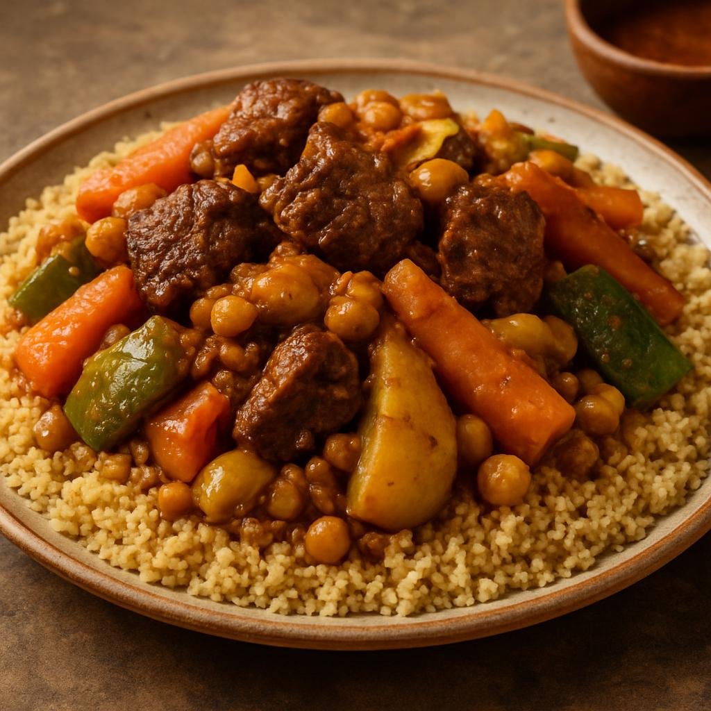 Entree: Morocco – Sahara & Southern Morocco – كسكس البيضاوي ➤ Kuskus al-Bayḍāwī (Casablanca-style couscous with spiced lamb and mixed vegetables) recipe