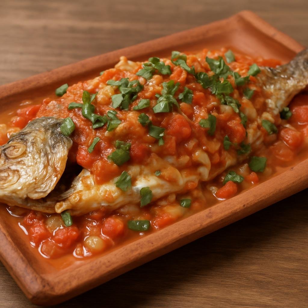 Entree: Brazil – Goias – Peixe na Telha (Baked fish cooked on a heated unglazed clay roof tile with a tomato-onion sauce and fresh herbs) recipe