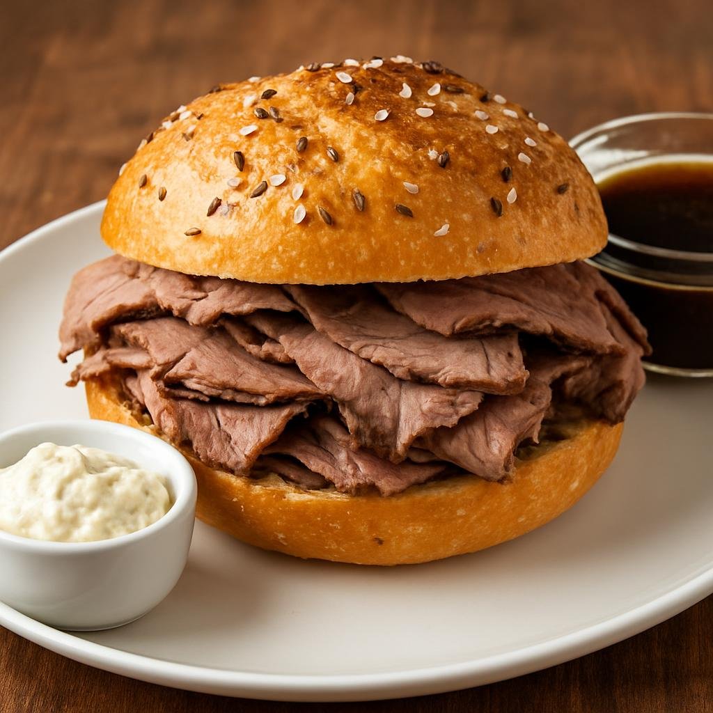 Entree: Canada – Ontario – Beef on Weck (Roast beef sandwich on a kummelweck roll served with horseradish and au jus) recipe