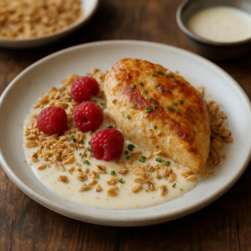 Entree: United Kingdom – Scotland Highlands – Cranachan Chicken (Highland-style chicken served with toasted oats, Scotch whisky cream, and fresh raspberries) recipe