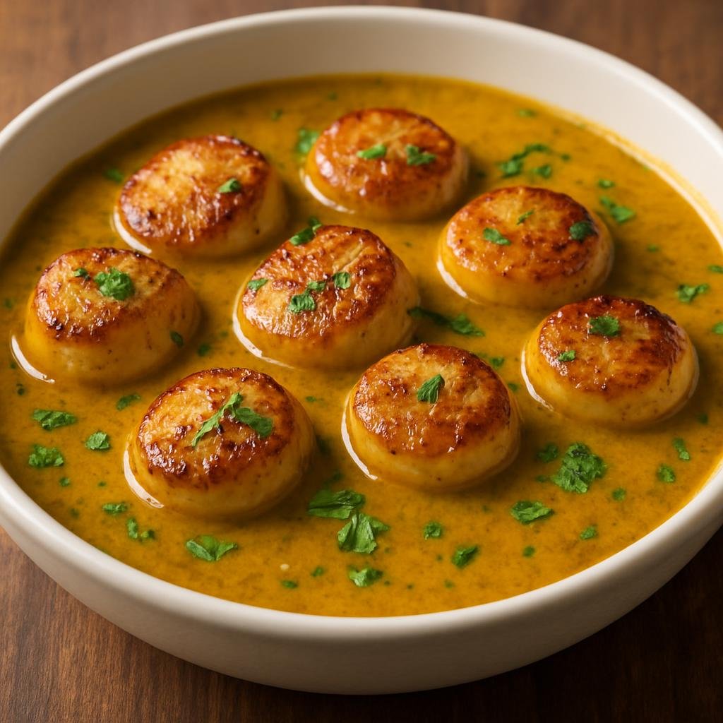 Entree: Australia – Tasmania – Curried Scallops (Seared scallops cooked in a gently spiced curry sauce highlighting Tasmanian shellfish) recipe