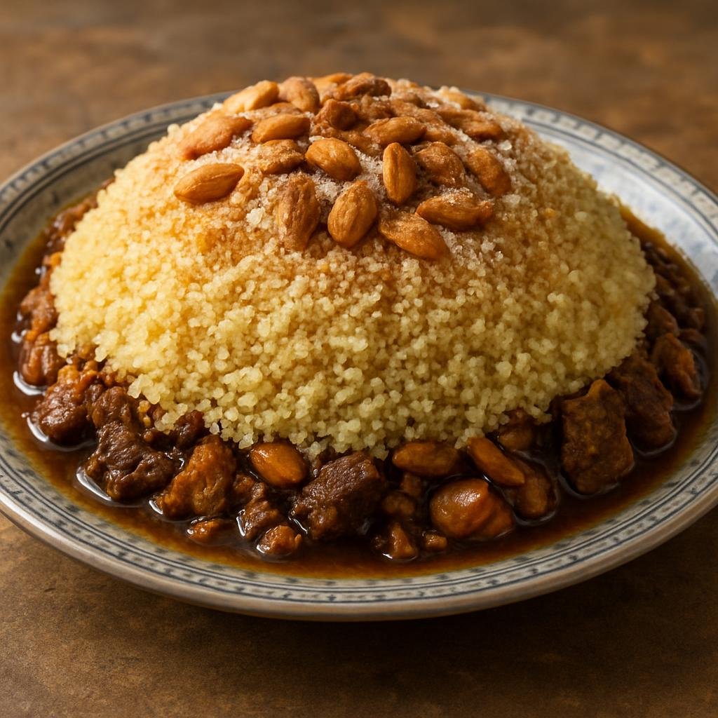 Entree: Morocco – Sahara & Southern Morocco – السفة المدفونة ➤ As-Seffa al-Medfouna (Sweet steamed couscous layered over braised meat, topped with cinnamon, sugar, and almonds) recipe