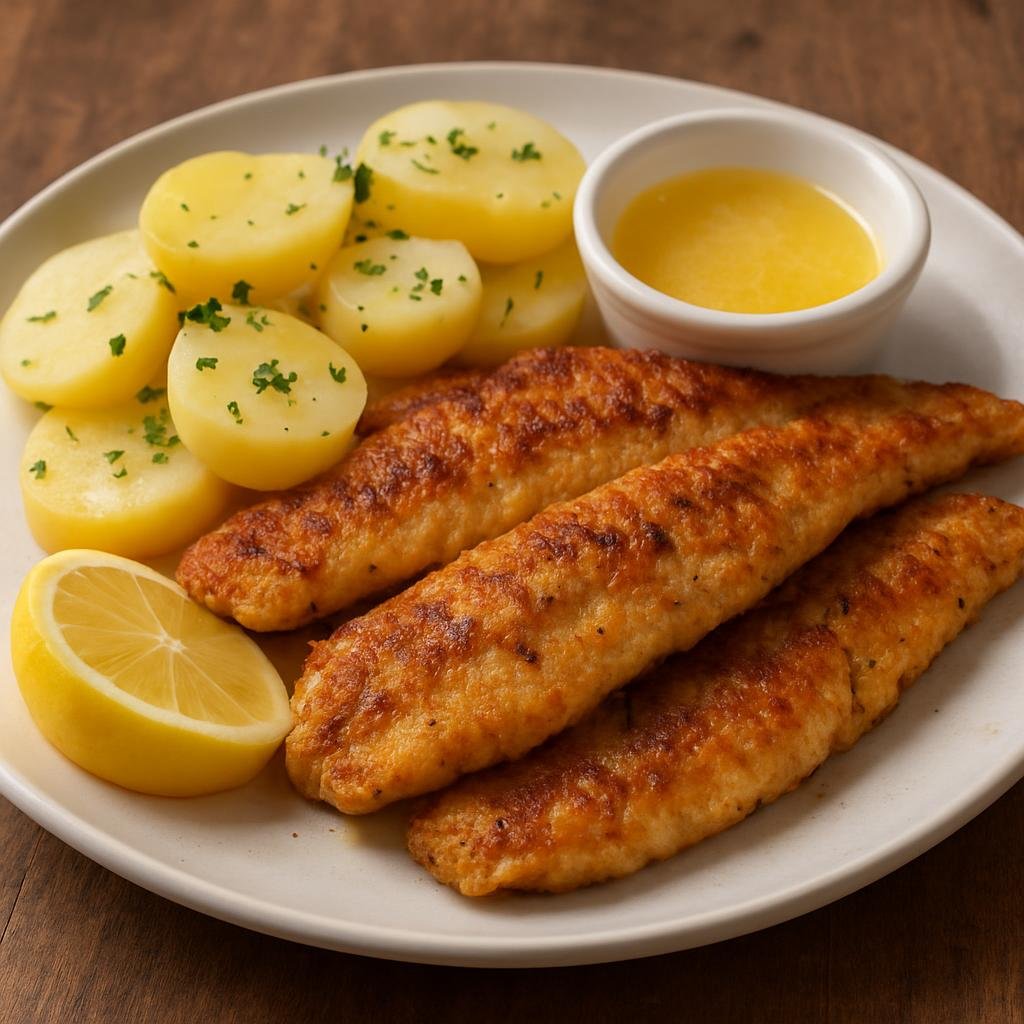 Entree: Canada – Ontario – Perch Dinner (Pan-fried freshwater perch served with lemon-butter and potatoes) recipe