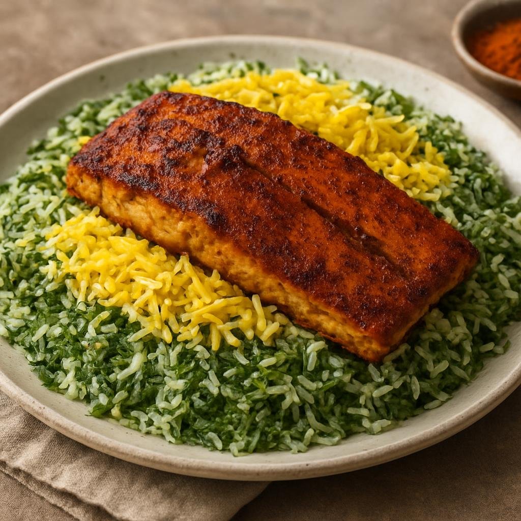 Entree: Iran – Persian Gulf Coast – ماهی پلو ➤ Mahi Polo (Herb- and saffron-scented Persian rice layered with spiced fish) recipe