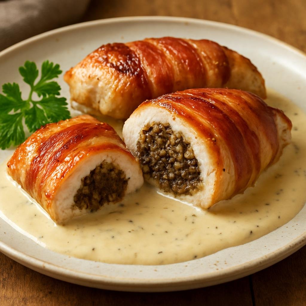 Entree: United Kingdom – Scotland Highlands – Balmoral Chicken (Chicken breasts stuffed with haggis, wrapped in bacon and served with a whisky cream sauce) recipe