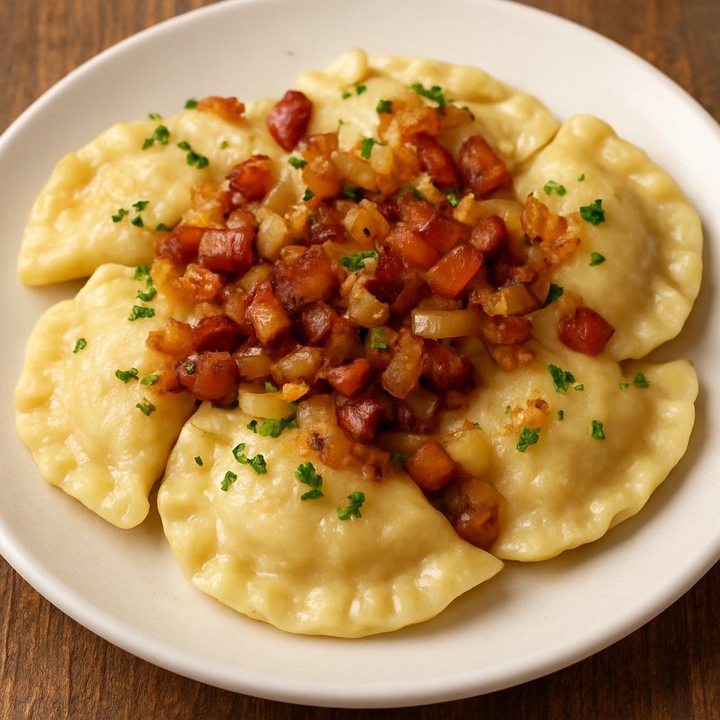 Entree: Poland – Silesia – Silesian Pierogi (Boiled filled dumplings of unleavened dough with mashed potato and farmer cheese, served with fried onions and bacon) recipe