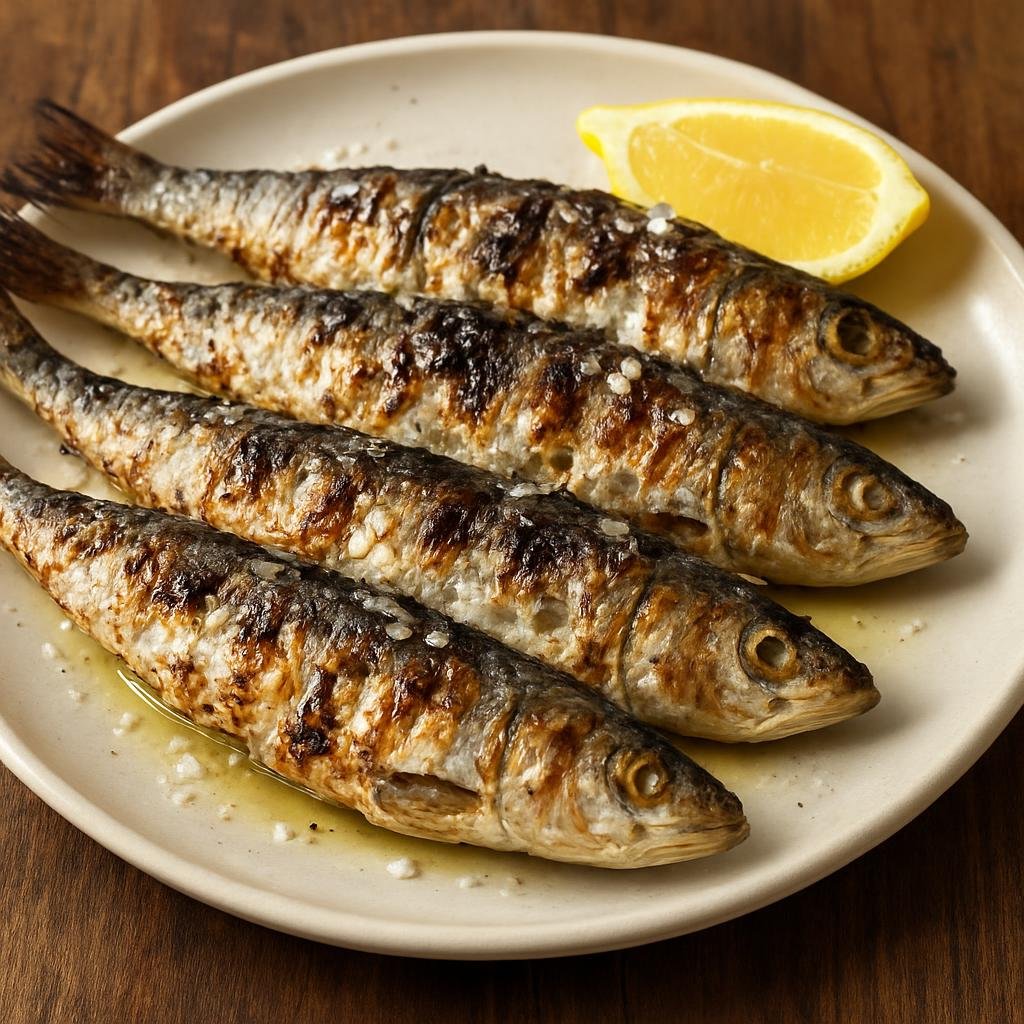 Entree: Portugal – Portuguese Seafood Coast – Sardinhas Assadas (Whole grilled sardines simply seasoned with coarse salt and olive oil, charred until skin is crisp and served with lemon) recipe