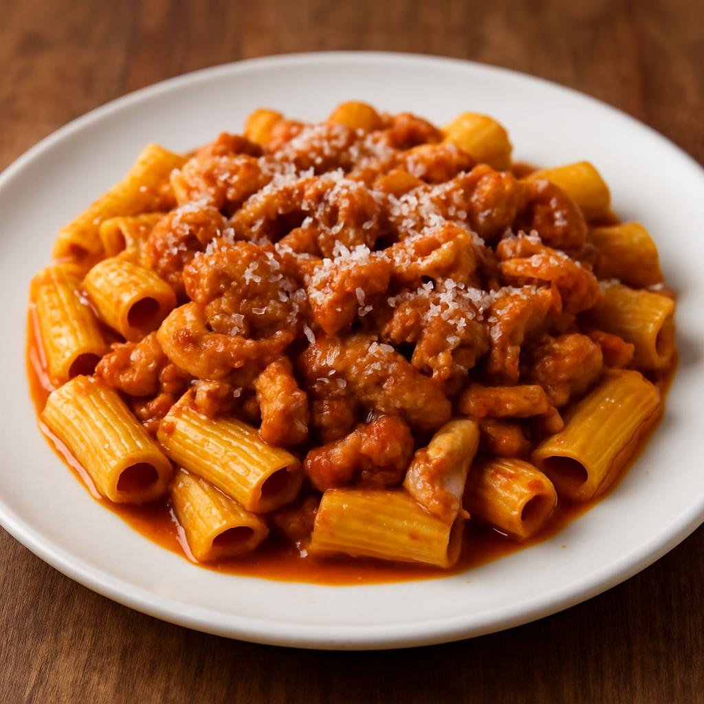 Entree: Italy – Lazio / Rome – Rigatoni con la Pajata (Rigatoni with stewed milk‑fed calf intestines finished with Pecorino cheese) recipe
