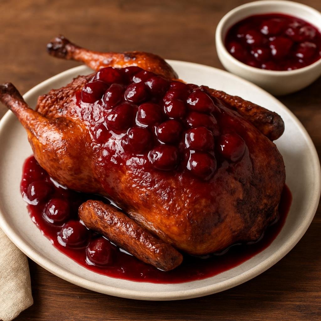 Entree: Canada – Ontario – Roast Duck with Cherry Sauce (Oven-roasted whole duck served with a sweet-tart cherry sauce) recipe