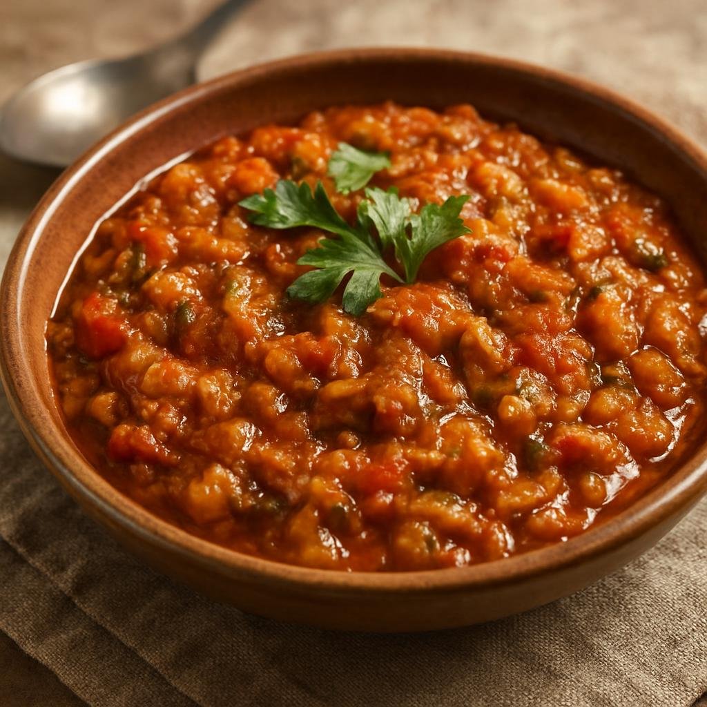 Entree: Morocco – Sahara & Southern Morocco – زعلوك ➤ Zaalouk (A warm cooked Moroccan eggplant and tomato salad-dip seasoned with garlic, cumin, paprika, and olive oil) recipe