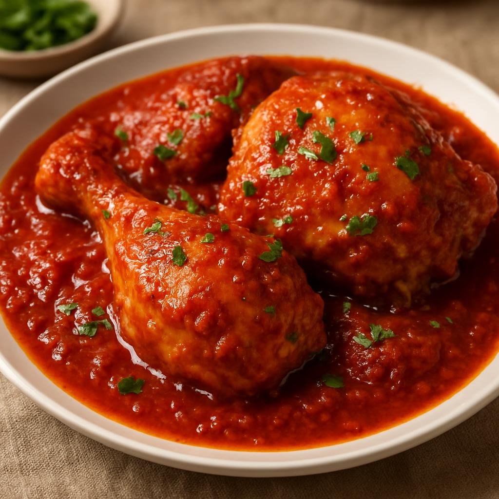 Entree: Greece – Peloponnese – Κοκκινιστό Κοτόπουλο ➤ Kokkinisto Kotopoulo (Greek braised chicken in a rich red tomato sauce with warm spices) recipe