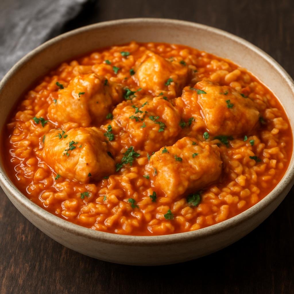 Entree: Portugal – Portuguese Seafood Coast – Arroz de Tamboril (Monkfish rice cooked in a savory tomato and fish-broth base) recipe