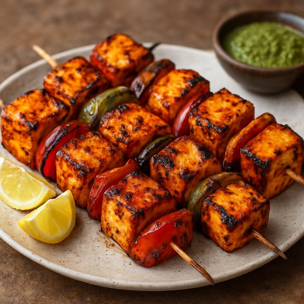 Entree: India – Delhi & NCR – पनीर टिक्का ➤ Panīr Ṭikkā (Charred marinated cubes of paneer cheese and vegetables grilled in a spiced yogurt coating) recipe