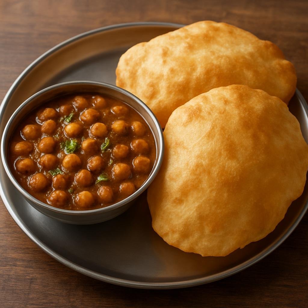 Entree: India – Delhi & NCR – छोले भटूरे ➤ Chole Bhature (Spiced chickpea curry served with fluffy deep-fried leavened flatbreads) recipe