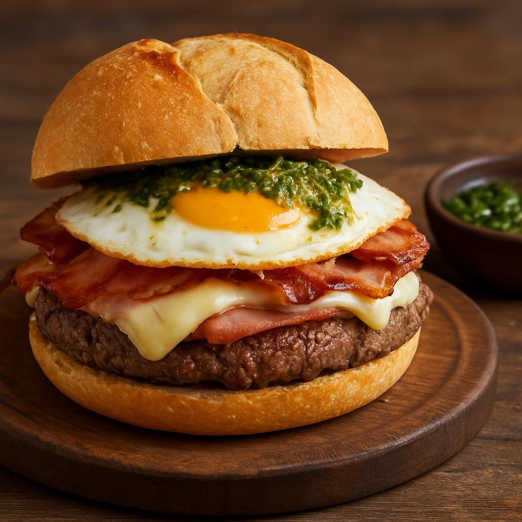 Entree: Argentina – Patagonia – Chivito Patagónico (Patagonian-style steak sandwich with ham, bacon, cheese, fried egg, and chimichurri on a crusty roll) recipe