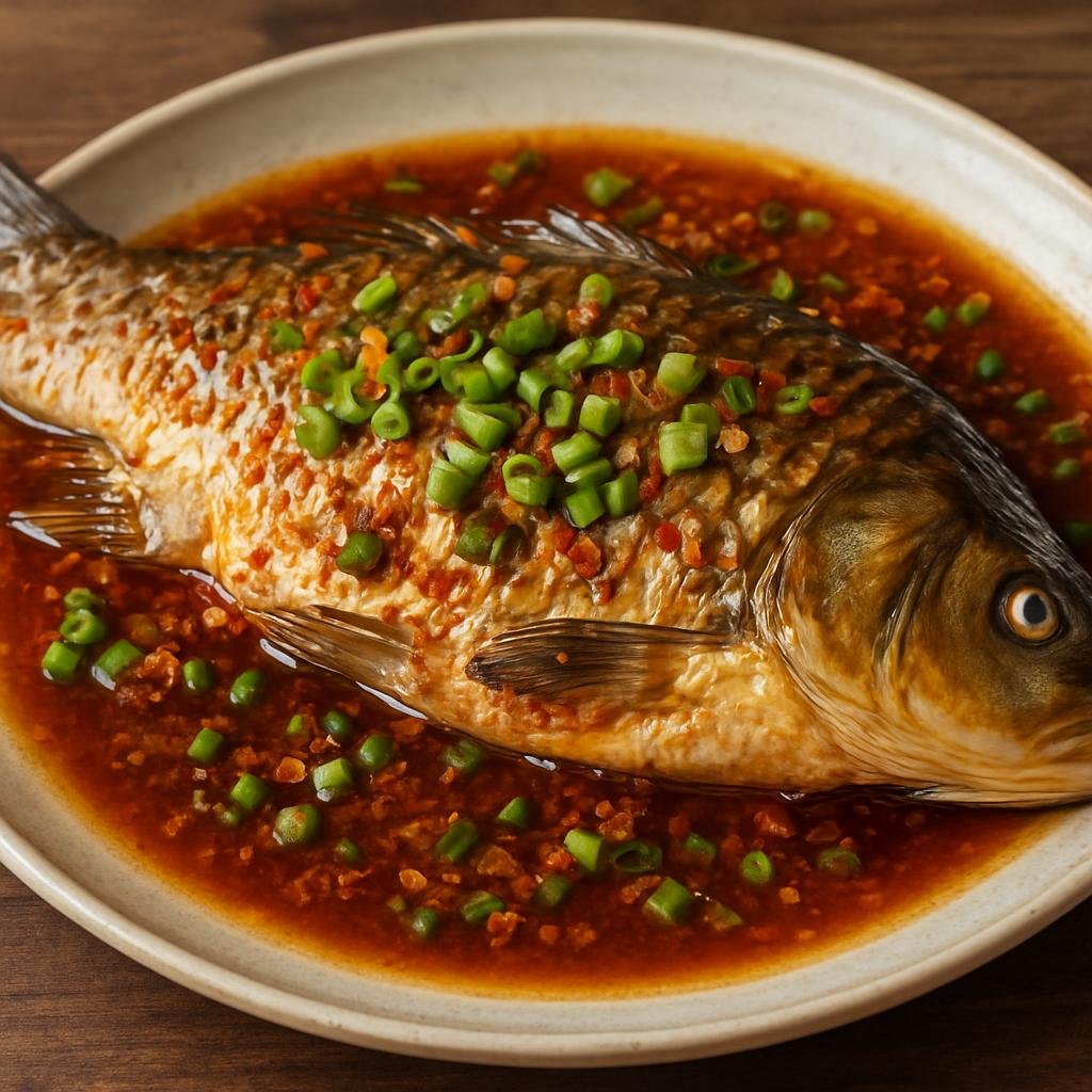 Entree: China – Henan – 醋汁蒸鲤鱼 ➤ Cù zhī zhēng lǐ yú (Steamed whole carp dressed with a sharp savory-sour vinegar sauce) recipe
