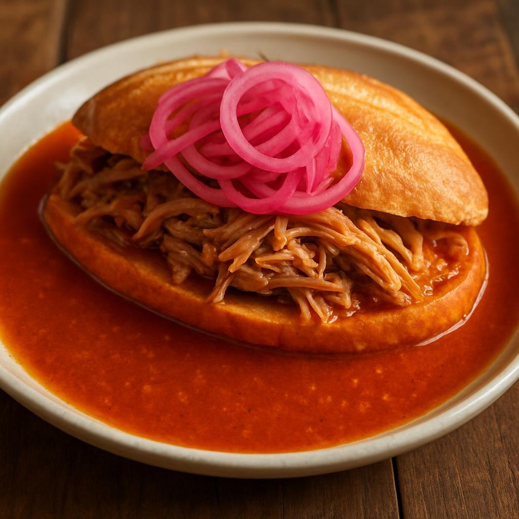 Entree: Mexico – Mexico City – Torta Ahogada (A sandwich of shredded pork drowned in a spicy tomato-chile sauce and served with pickled onions) recipe