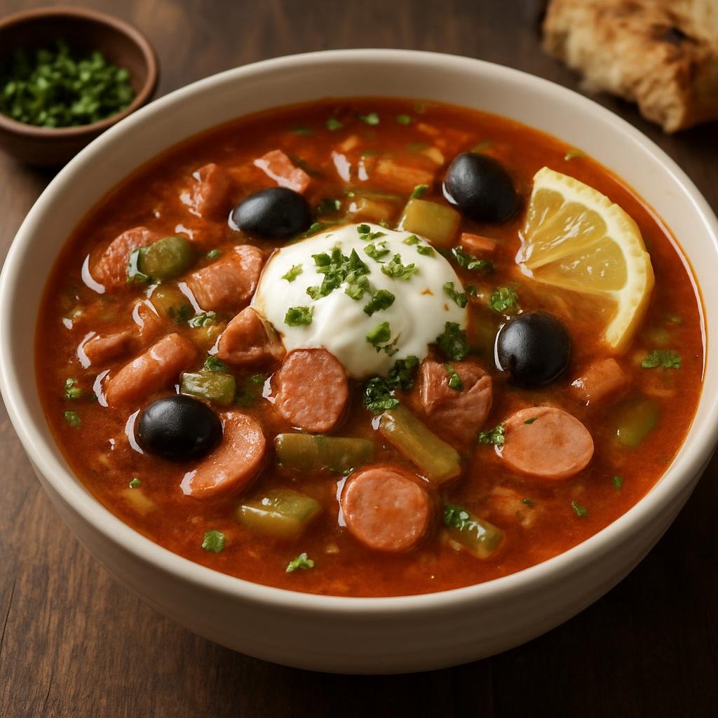 Entree: Russia – Moscow & Central Russia – Солянка ➤ Solyanka (Hearty sour-salty Russian soup of mixed meats, pickles, and a tangy brine) recipe