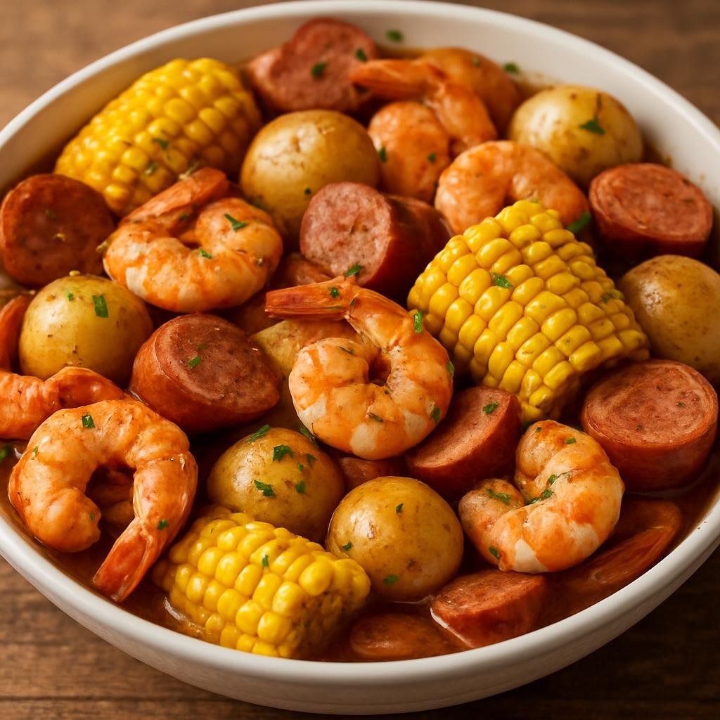 Entree: United States – Carolinas Piedmont – Frogmore Stew (A communal one-pot seafood and smoked-sausage boil with corn and potatoes) recipe