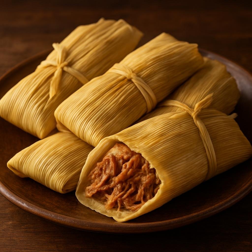 Entree: Mexico – Mexico City – Tamales (Steamed corn masa parcels wrapped in corn husks filled with seasoned shredded pork) recipe