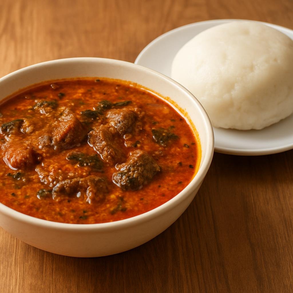 Entree: Nigeria – Nigerian Party Food – Banga Soup with Starch (palm nut stew with cassava starch) recipe