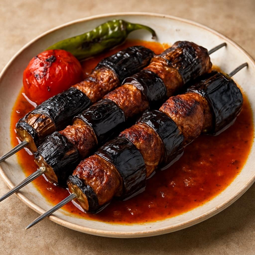 Entree: Turkey – Southeastern Anatolia – Patlıcan Kebabı (Charred eggplant and seasoned lamb kebabs cooked together on skewers) recipe
