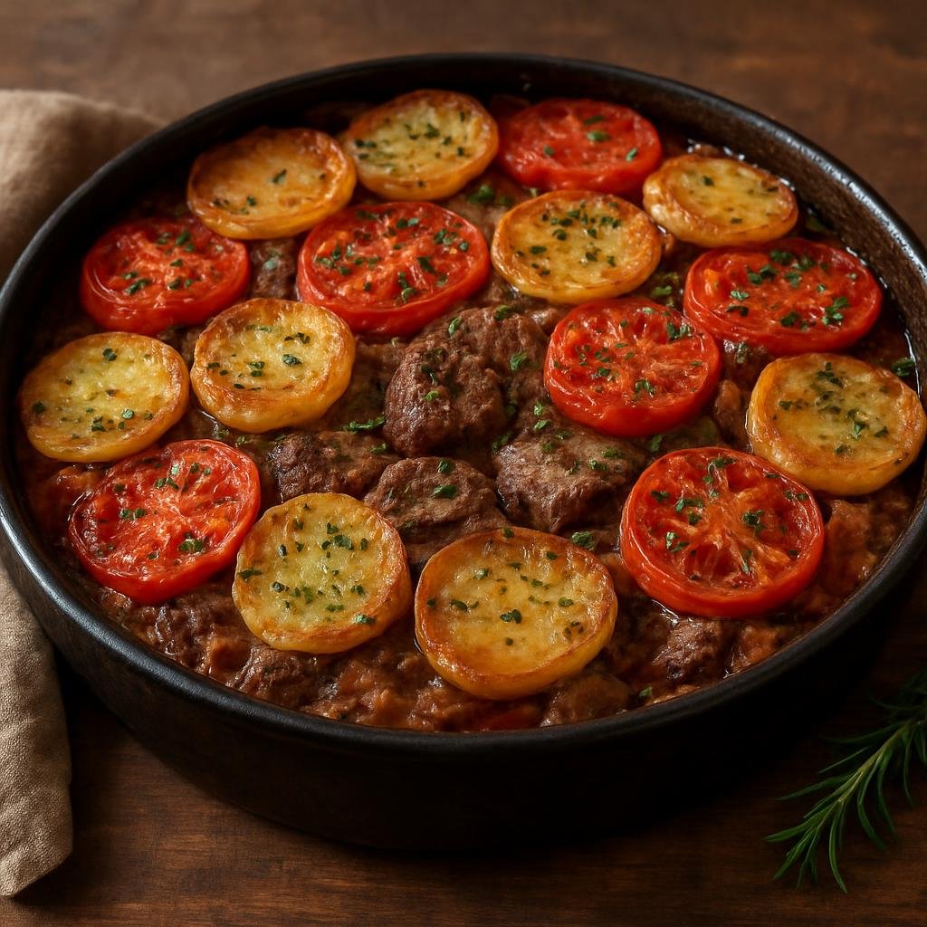 Entree: France – Corsica – Tianu di Vitellu (Baked Corsican veal and vegetable casserole layered with potatoes, tomatoes, and aromatic herbs) recipe