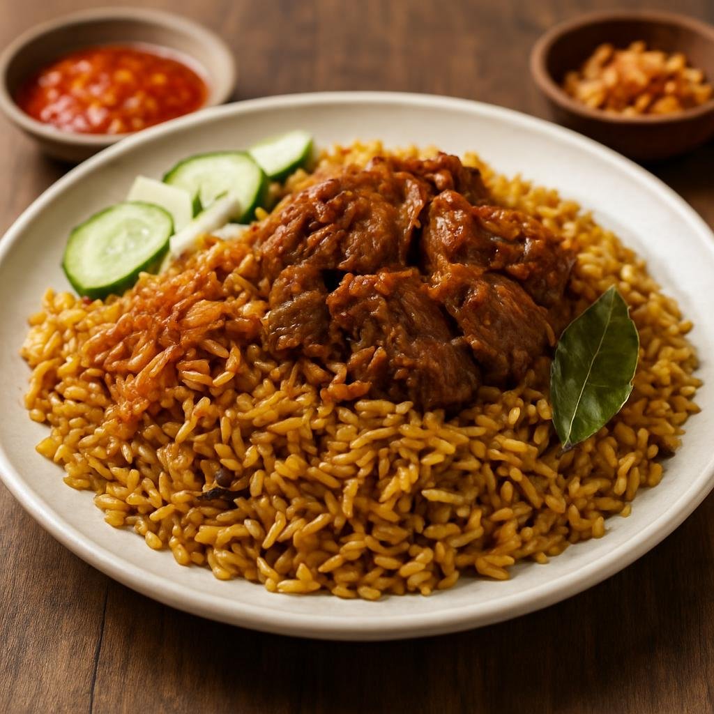 Entree: Indonesia – Indonesian Muslim Festival Cuisine – Nasi Kebuli (Fragrant spiced rice cooked with meat, ghee, and rich broth commonly served at Muslim celebrations in Indonesia) recipe
