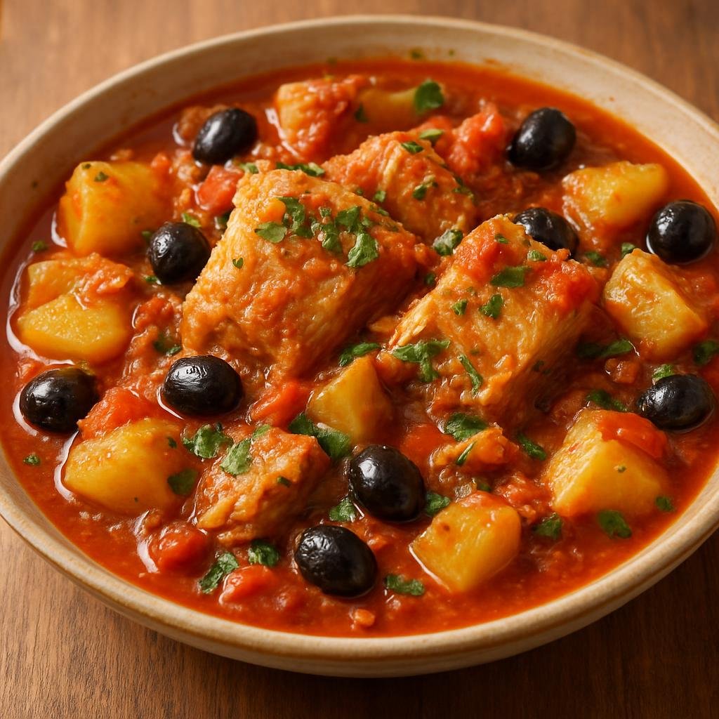Entree: Italy – Liguria – Stoccafisso alla Genovese (Dried cod rehydrated and braised in a Ligurian tomato, potato, olive, and herb stew) recipe