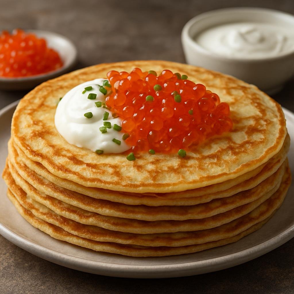 Entree: Russia – Moscow & Central Russia – Блины с икрой ➤ Bliny s ikroy (Thin Russian pancakes served with fish roe, sour cream, and chives) recipe