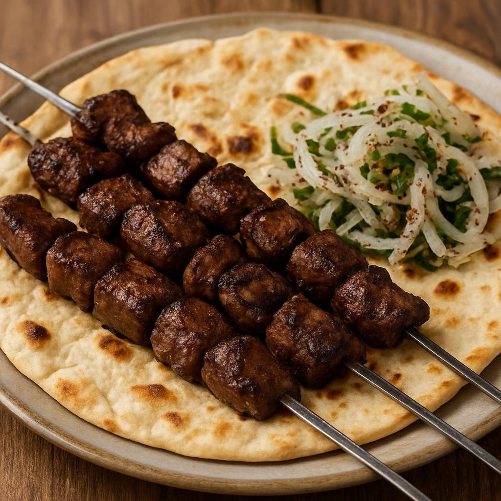 Entree: Turkey – Southeastern Anatolia – Ciğer Kebabı (Charred skewered lamb liver seasoned and served with flatbread and onion salad) recipe