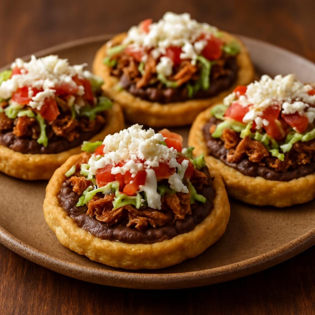 Entree: Mexico – Mexico City – Sopes (Thick fried masa cakes topped with beans, meat, vegetables, crema and cheese) recipe