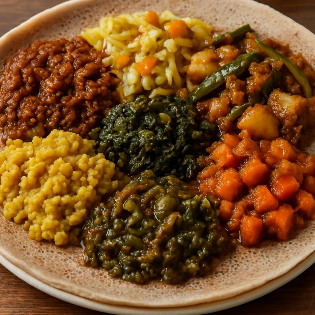 Entree: Ethiopia – Sidama – የጾም በያይነቱ ➤ Yetsom Beyaynetu (Assorted Ethiopian vegan stews and vegetables arranged on injera as a communal platter) recipe