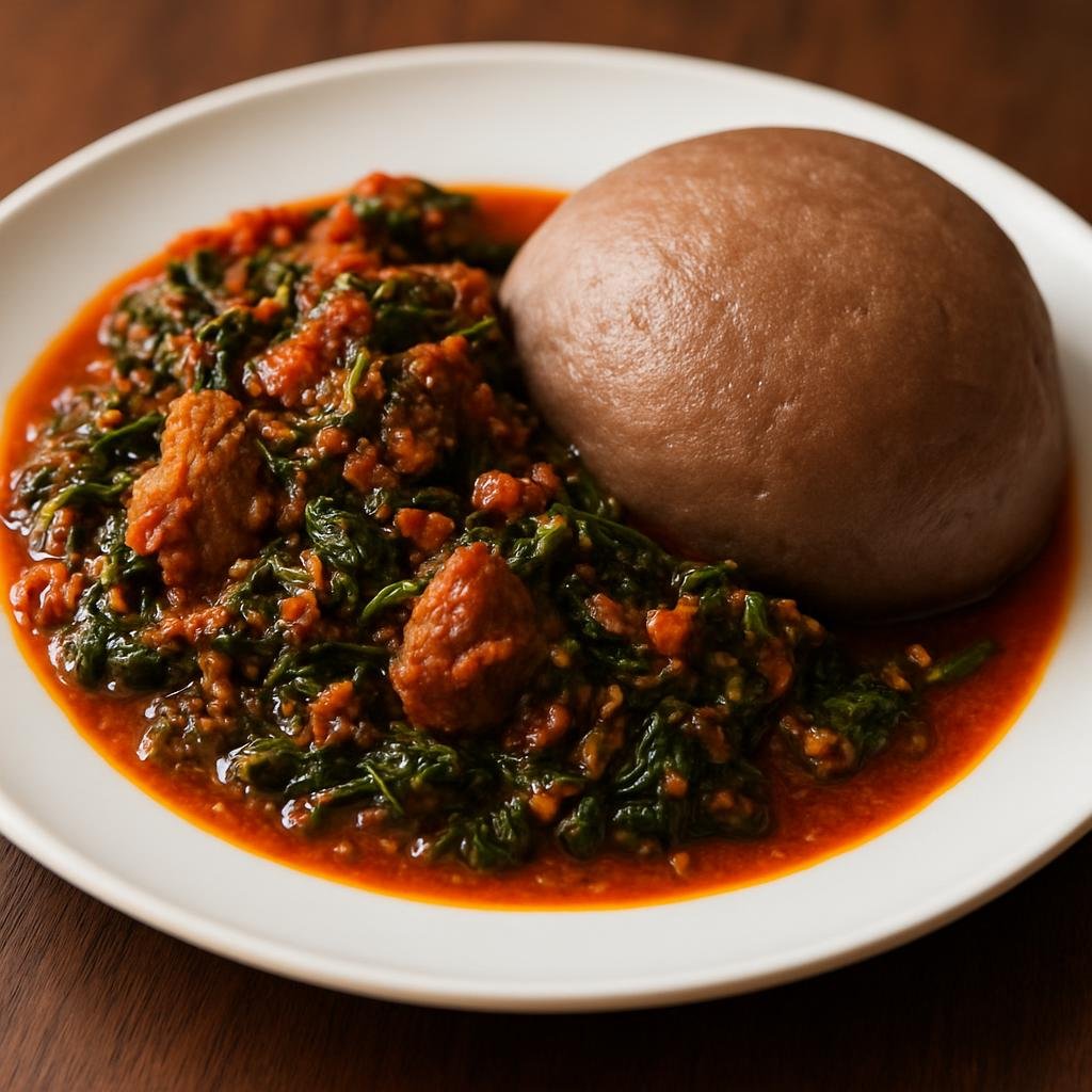 Entree: Nigeria – Nigerian Party Food – Efo Riro with Amala (Spicy Yoruba tomato-and-leafy-green stew served with amala, a yam-flour swallow) recipe