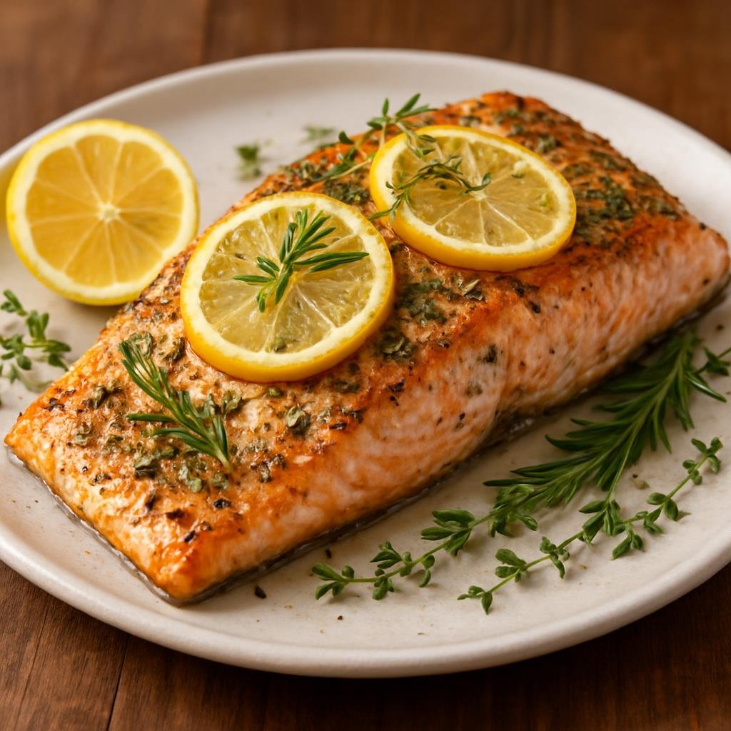 Entree: Argentina – Patagonia – Salmón del Pacífico al Horno (Oven-baked Pacific salmon seasoned with lemon, regional herbs, and simple aromatics) recipe