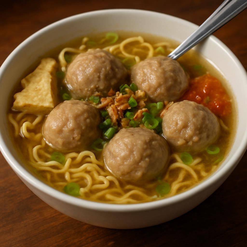 Entree: Indonesia – Indonesian Street Food – Bakso (Indonesian seasoned meatball soup served in a hot savory beef broth with noodles and condiments) recipe