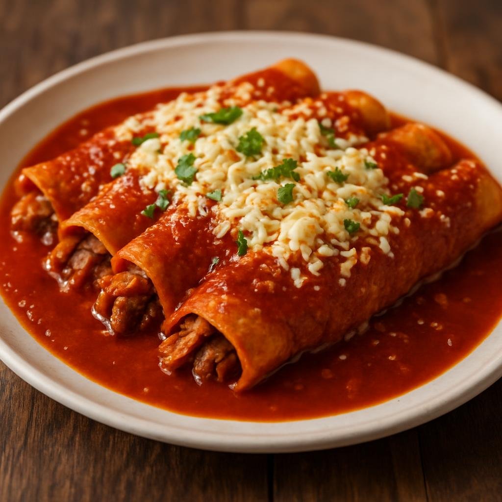 Entree: Mexico – Michoacan – Enchiladas Placeras (Hand-rolled corn tortillas filled with savory meat and vegetables, topped with red chili sauce and cheese) recipe