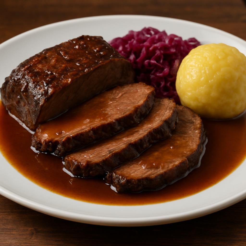 Entree: Germany – Saxony – Sauerbraten (Classic German pot roast marinated in a sour-sweet spiced vinegar and wine brine, braised until tender and served with a gingersnap-thickened gravy) recipe