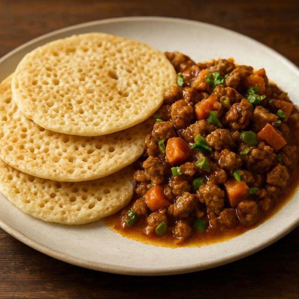 Entree: Ethiopia – Somali Ethiopian – Canjeero with Suqaar (Spongy fermented flatbreads served with a spiced sautéed diced meat and vegetable stew) recipe