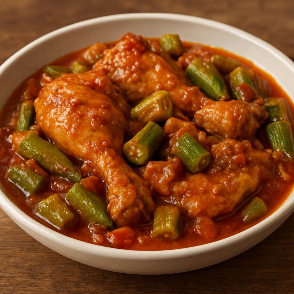 Entree: Brazil – Minas Gerais – Frango com Quiabo (Minas Gerais-style braised chicken with tender okra in a savory tomato-onion sauce) recipe