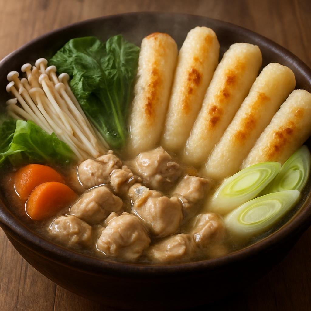Entree: Japan – Tohoku – きりたんぽ鍋 ➤ Kiritanpo Nabe (Grilled rice-stick hot pot with chicken and seasonal vegetables) recipe